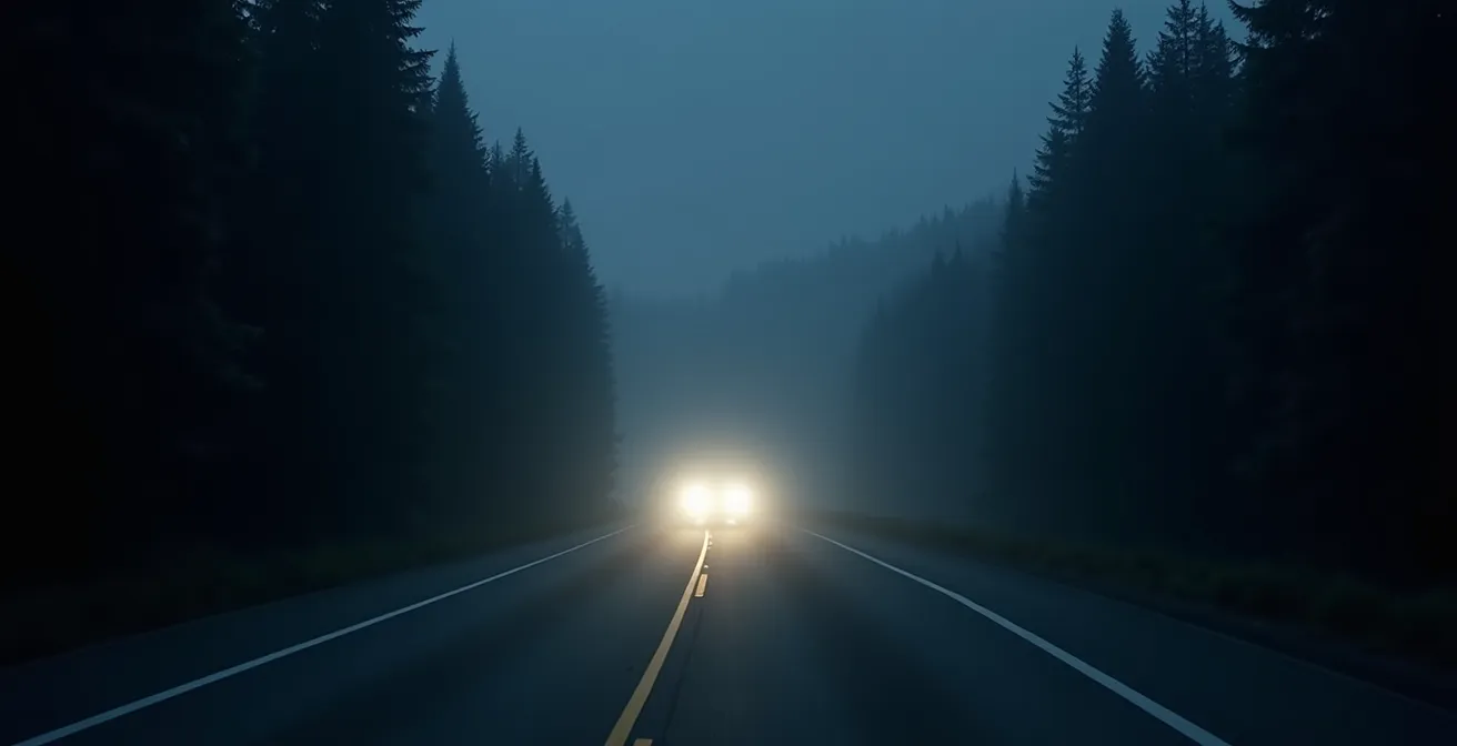 Wide environmental shot of a dark Canadian forest road at night with advanced headlight beams creating selective illumination patterns