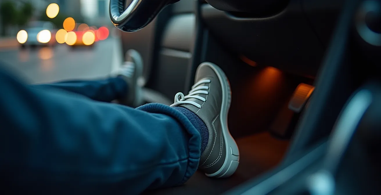 Macro shot of accelerator pedal with motion blur suggesting aggressive driving
