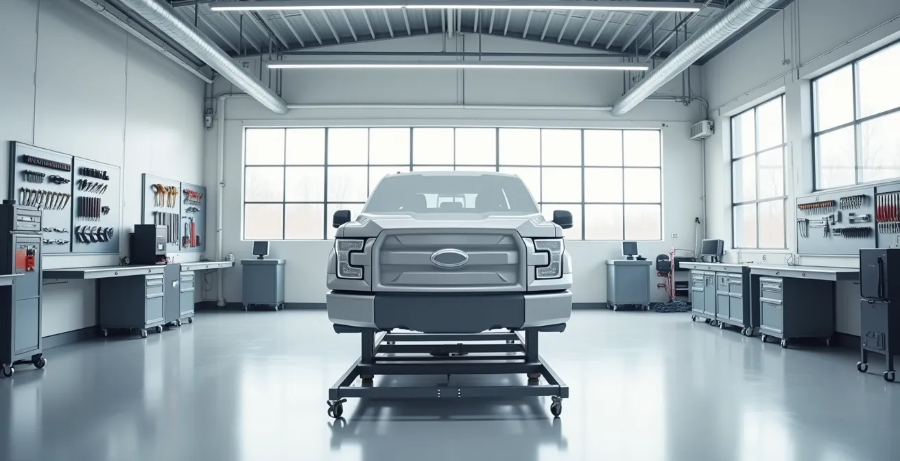 Wide view of professional aluminum repair bay with specialized equipment and clean room conditions