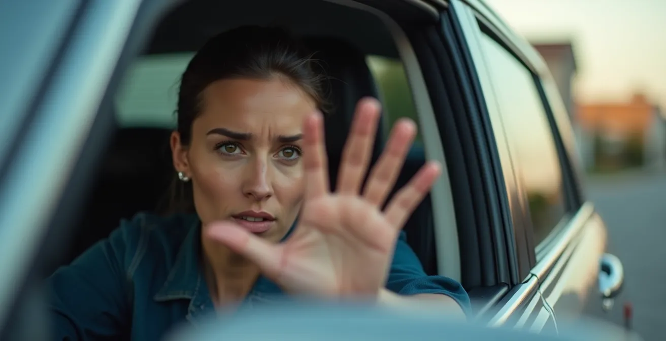 Close-up of driver's open palm raised in apologetic gesture through car window