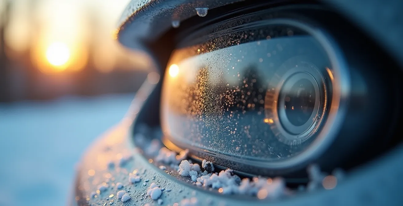 Split comparison showing clean versus salt-covered backup camera lens on vehicle