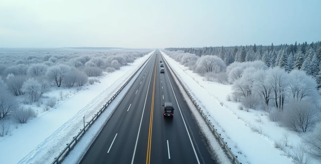 Aerial view showing safe following distance between vehicles on a Canadian highway