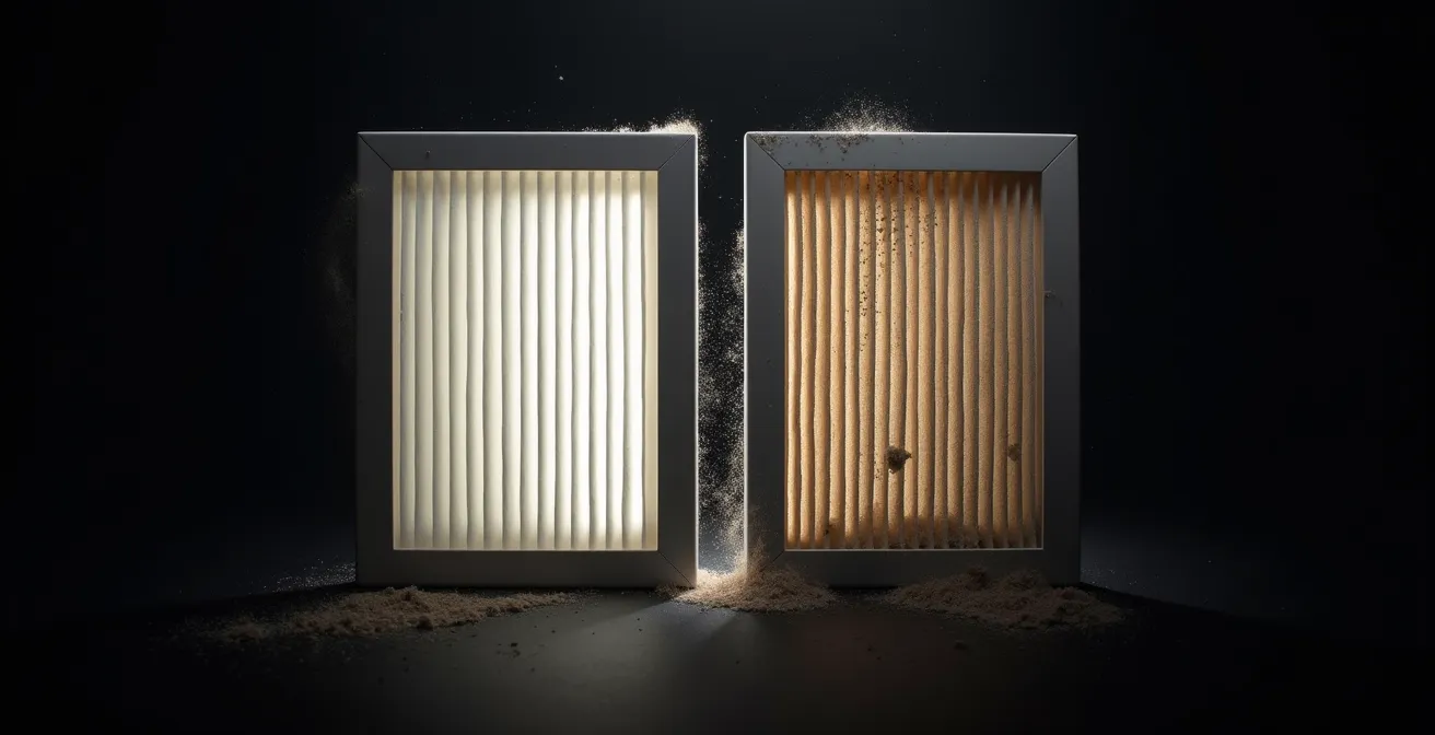 Side view of clean versus clogged cabin filter showing airflow patterns