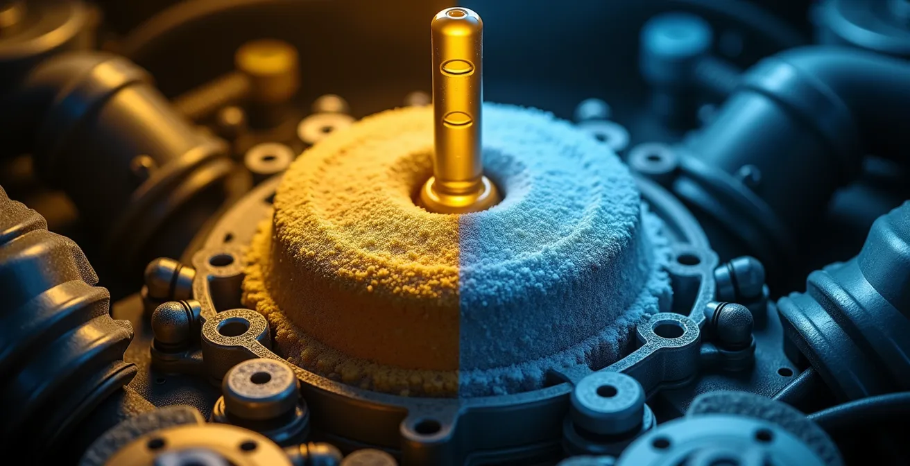 Split-screen comparison showing vehicle components under normal versus severe Canadian winter conditions