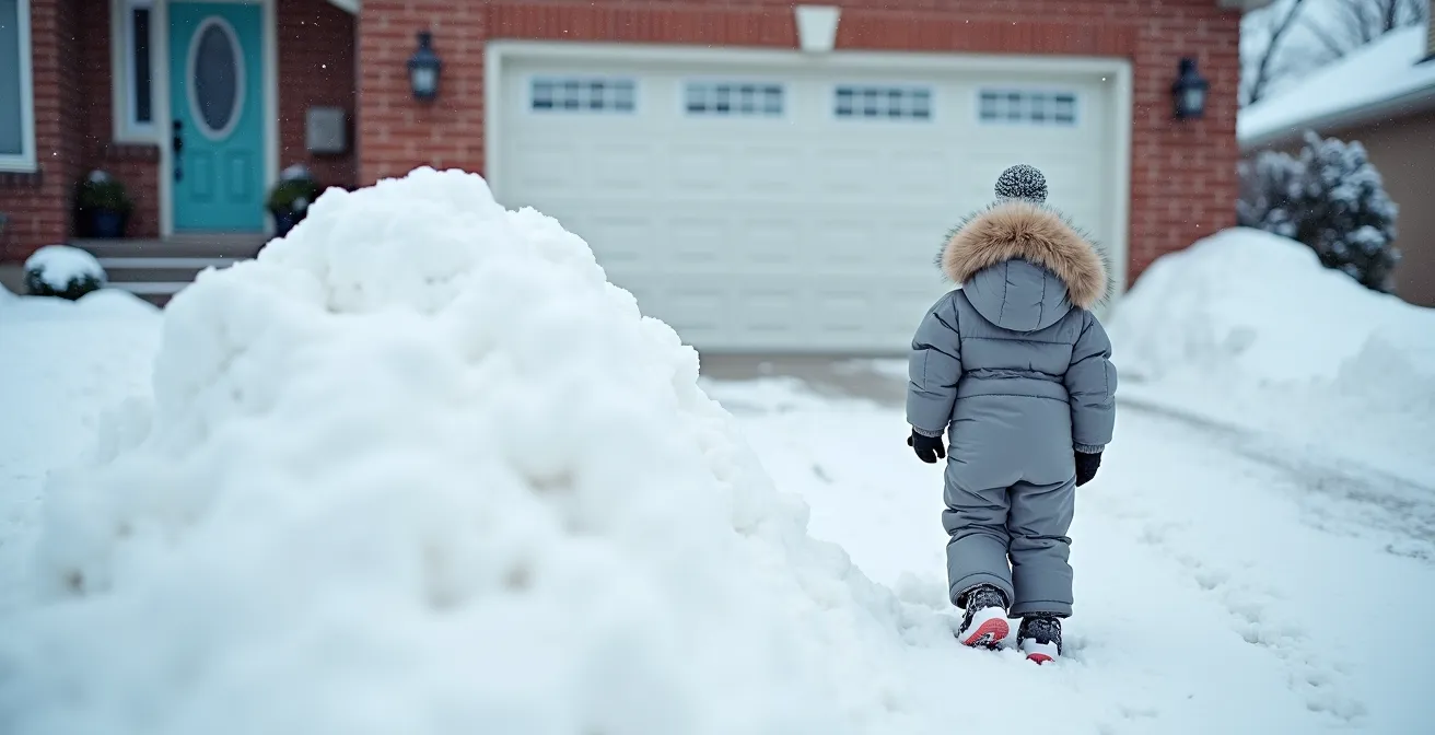 Child emerging from behind tall snowbank at edge of residential driveway