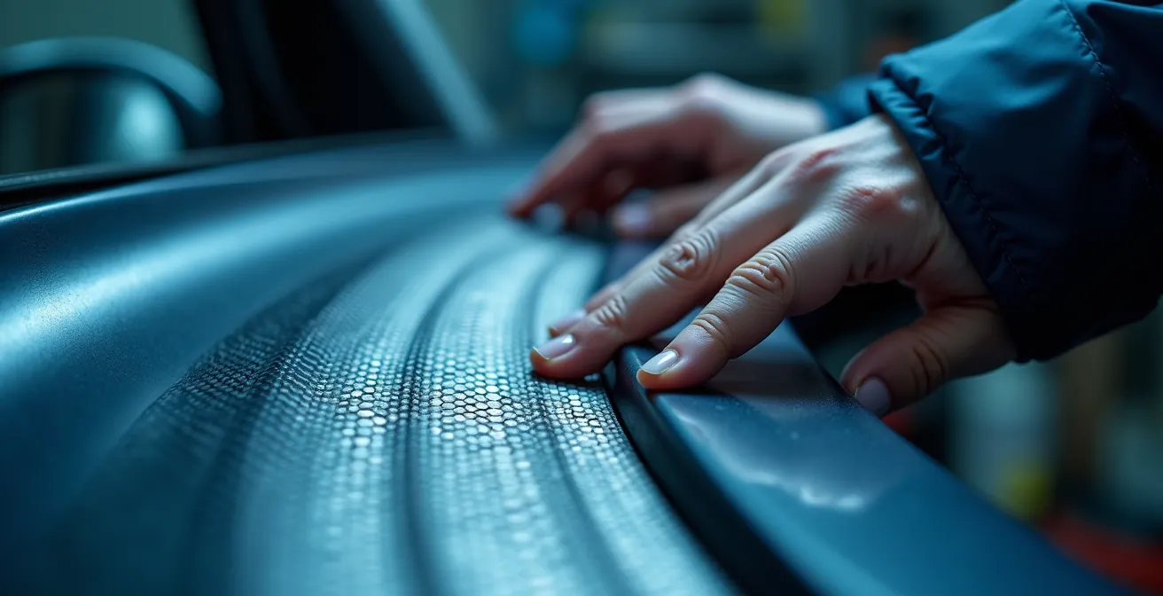Macro view of sound deadening material being applied to car door interior panel