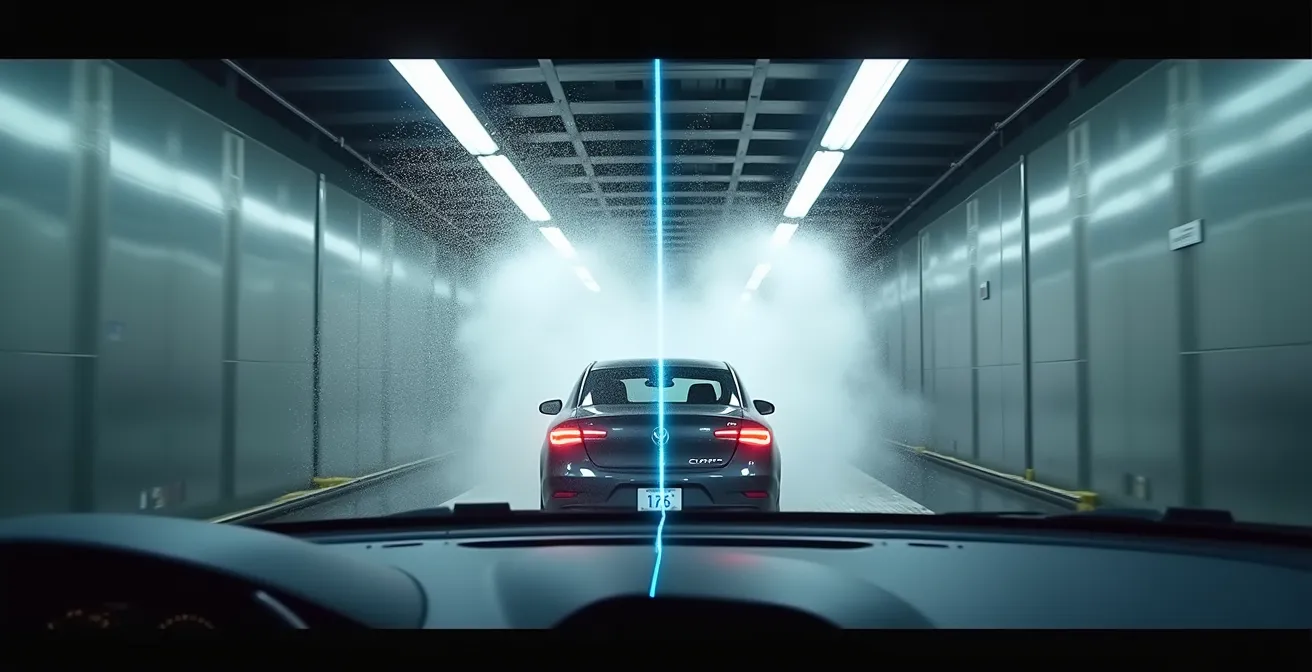 Vehicle sensors detecting false obstacles in touchless car wash environment