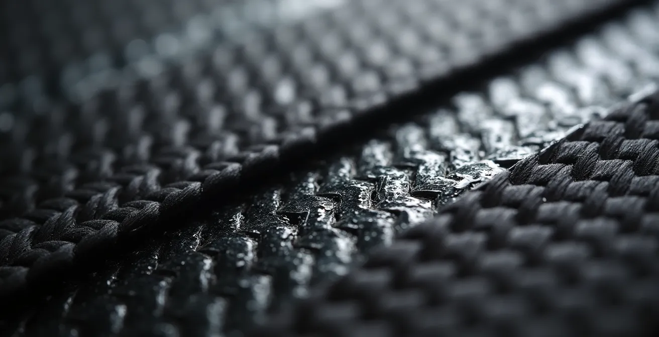 Extreme close-up view of carbon fiber automotive panel showing weave pattern and repair area