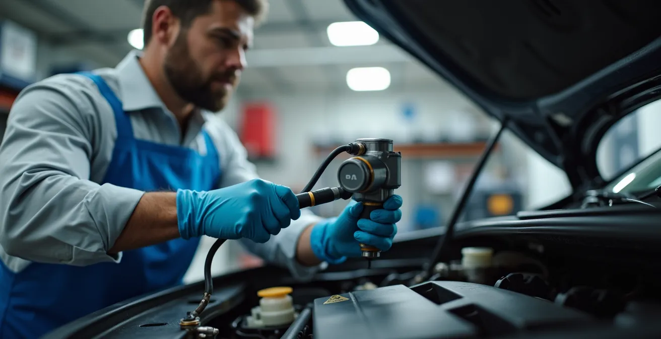 Professional technician safely extracting AC refrigerant from vehicle