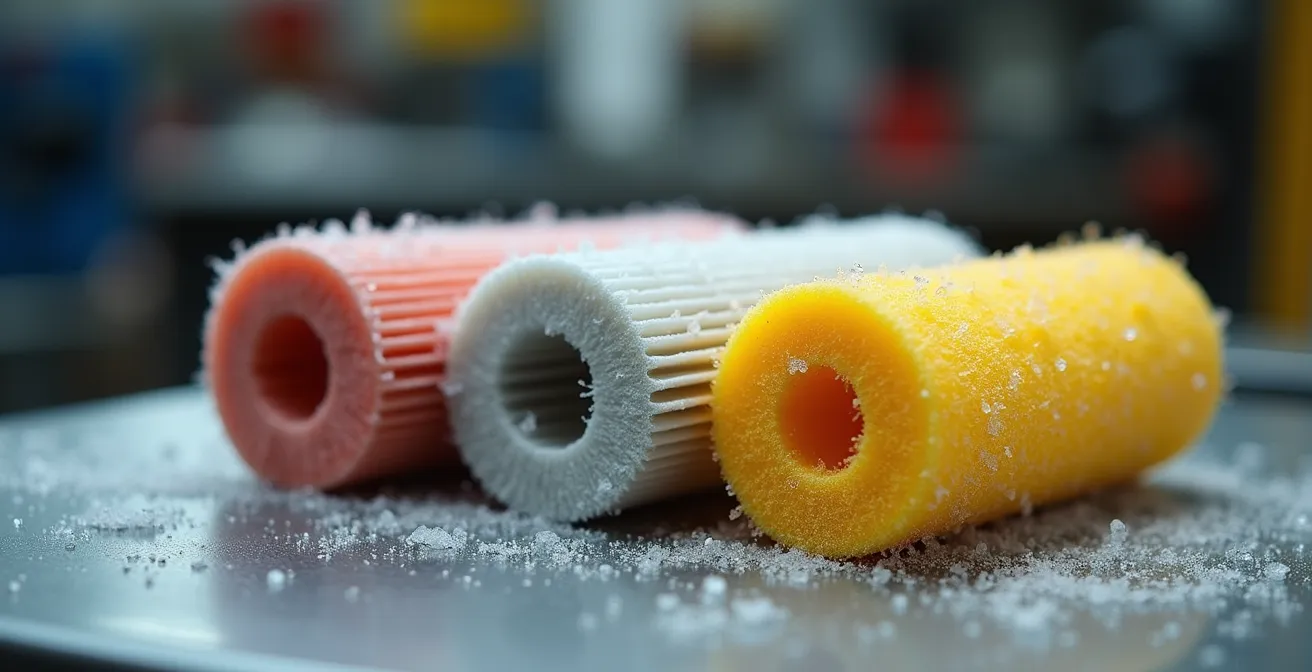 Close-up comparison of different air filter types in a workshop setting, with subtle frost and condensation to evoke a Canadian climate.