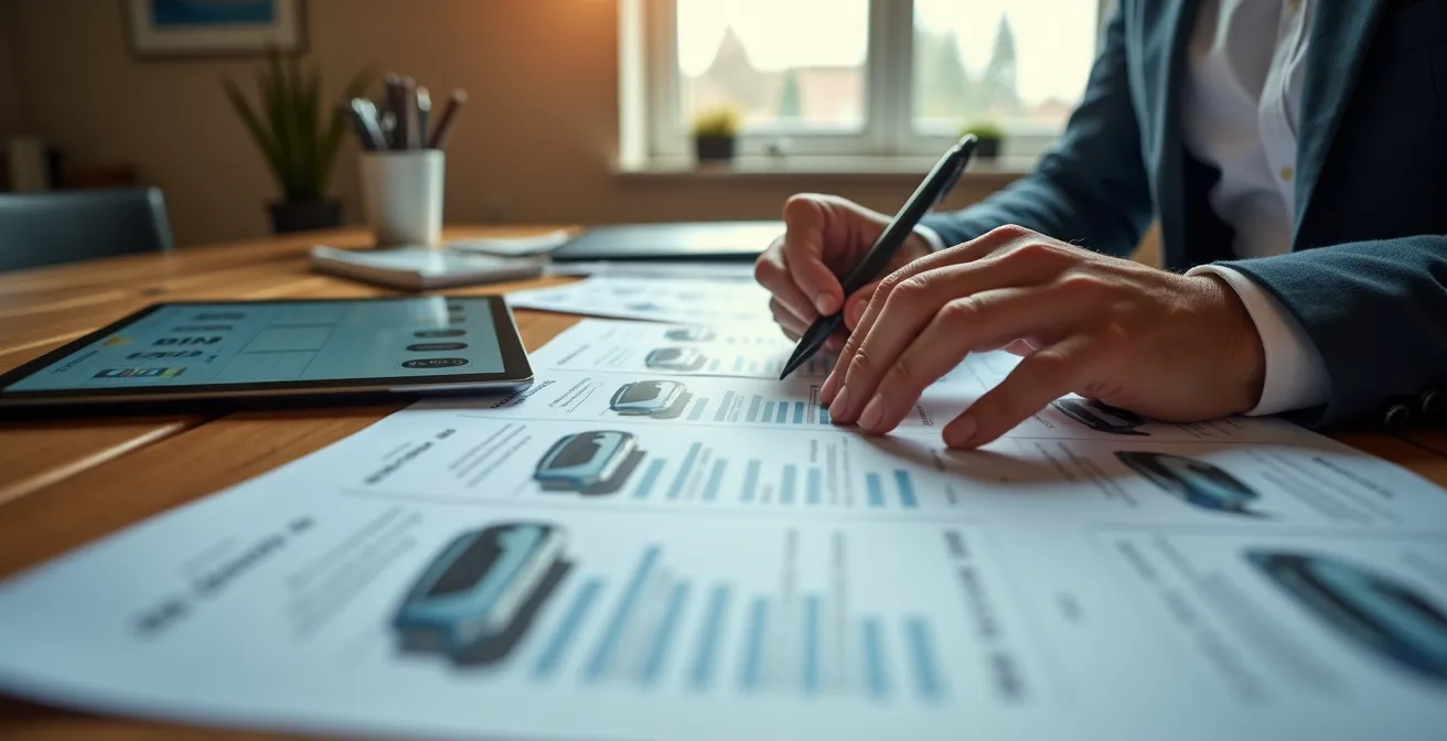 A person meticulously reviewing multiple online car listings on a tablet, with a printed comparison spreadsheet on the desk to document the vehicle's market value.