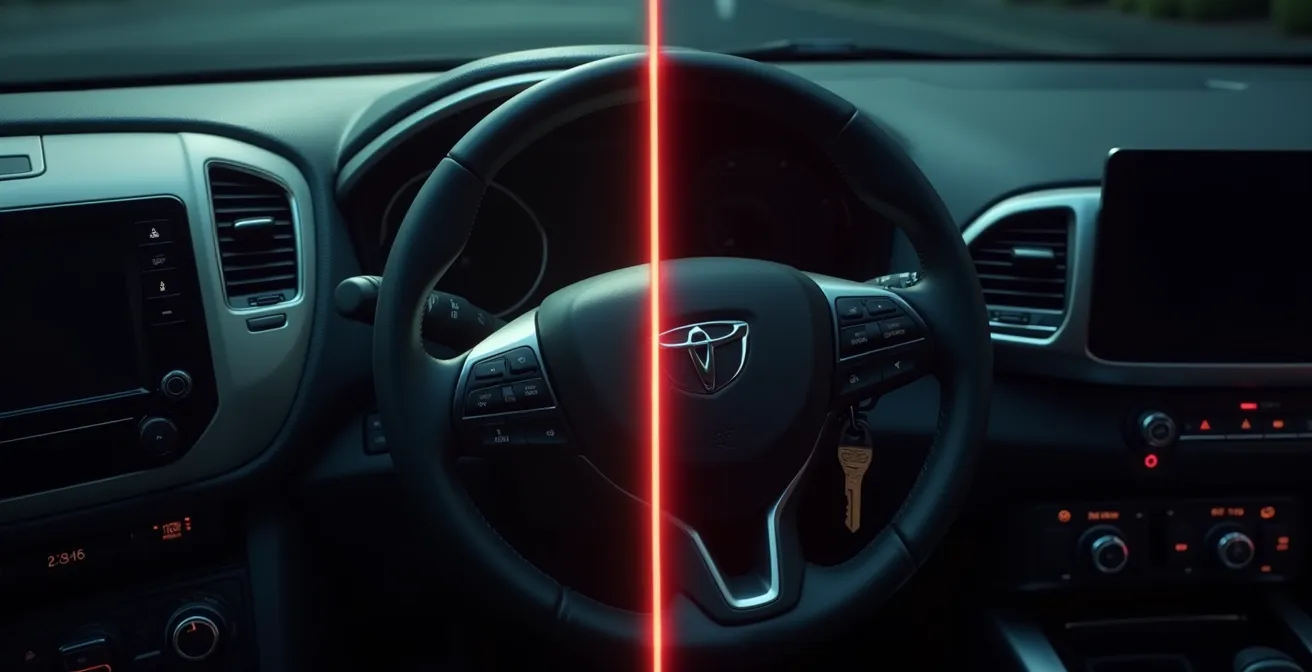 Visual comparison of vehicle security features between older sedan and modern SUV