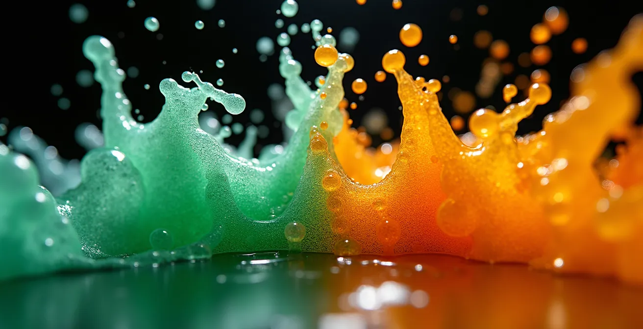 Laboratory-style visualization showing chemical precipitation when different coolant types mix