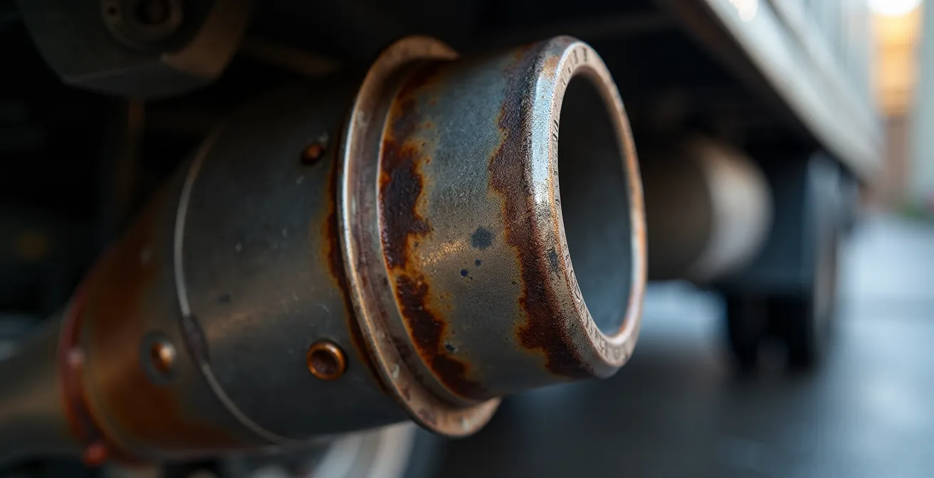 Close-up macro view of diesel exhaust system components
