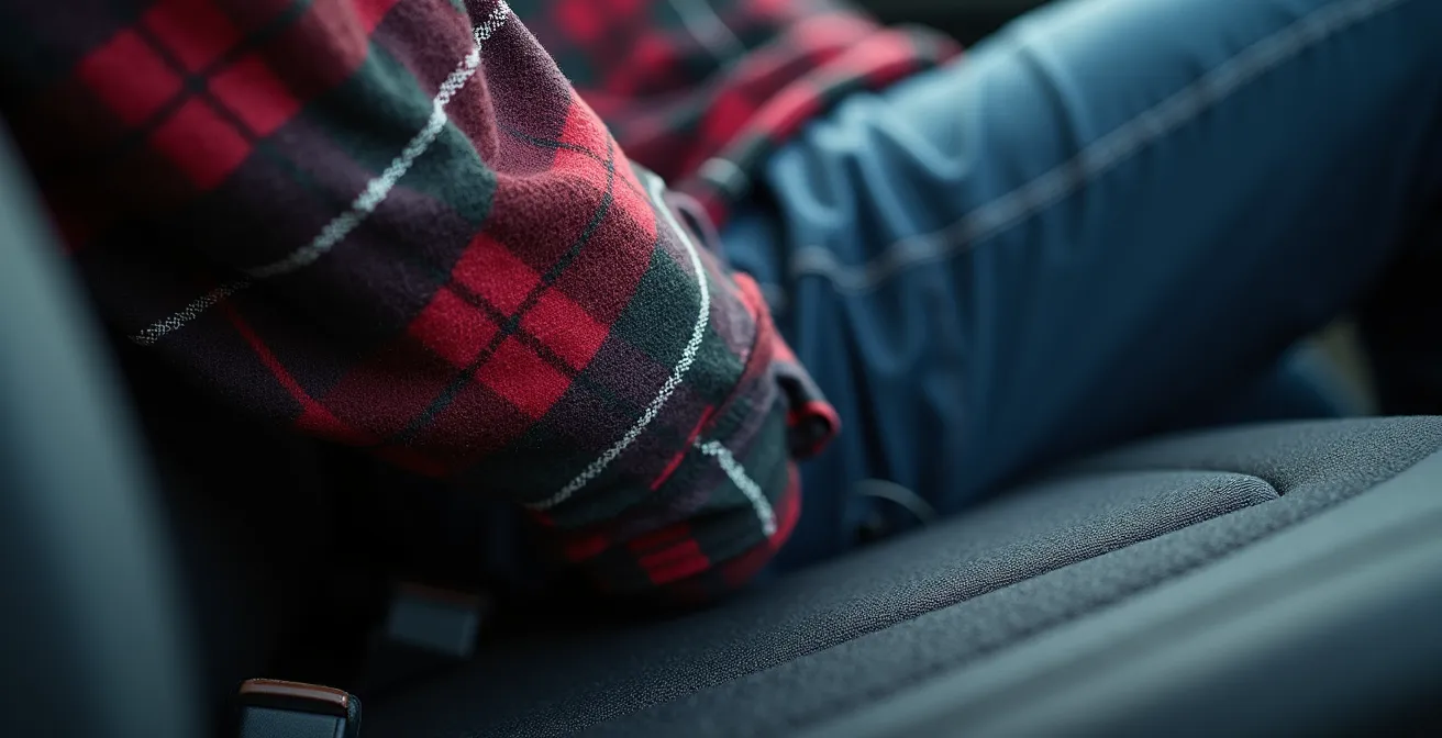 DIY lumbar support using rolled winter clothing positioned correctly against the lower back curve in a car seat.