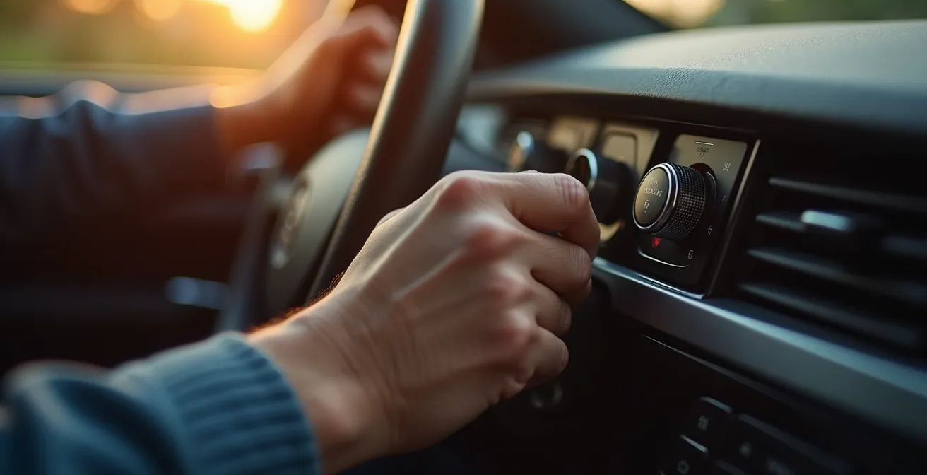 Driver's hand reaching toward vehicle dashboard control panel in soft interior lighting