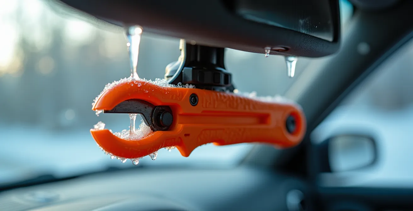 Close-up of emergency cutter mounted on vehicle visor in winter conditions