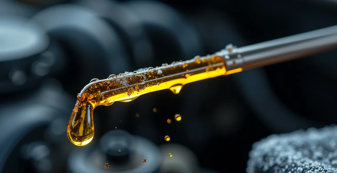 Macro shot of engine oil showing moisture contamination in cold conditions