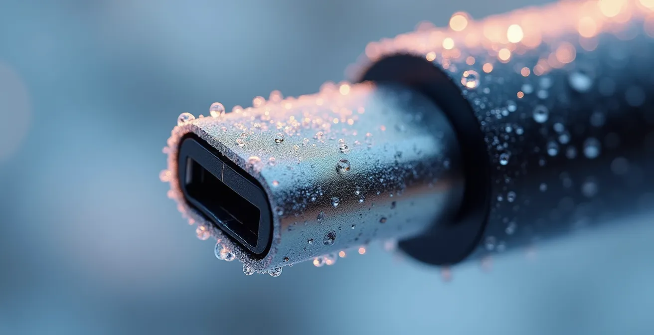 Macro shot of frost crystals on an EV charging connector in winter
