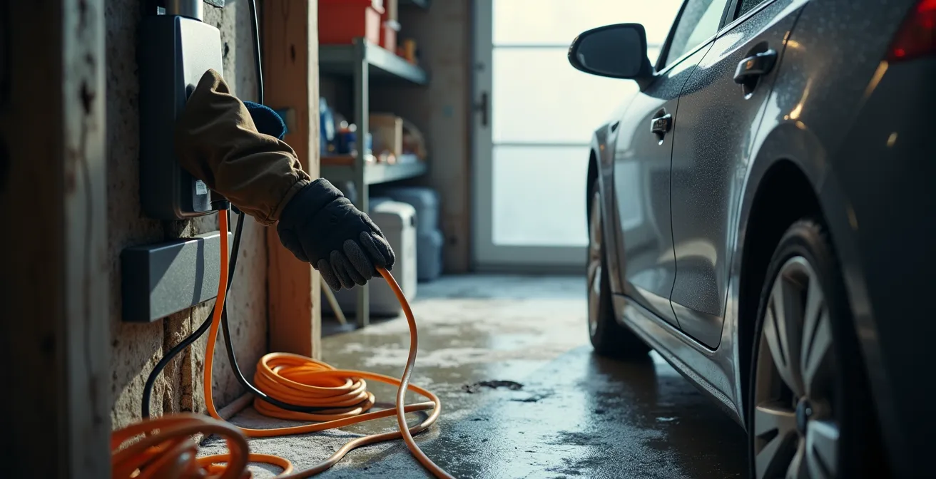 Wide shot of electric vehicle in residential garage plugged into standard outlet during winter