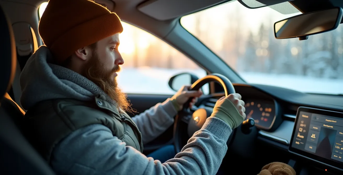 Driver in winter clothing using heated steering wheel and seat controls in EV cabin