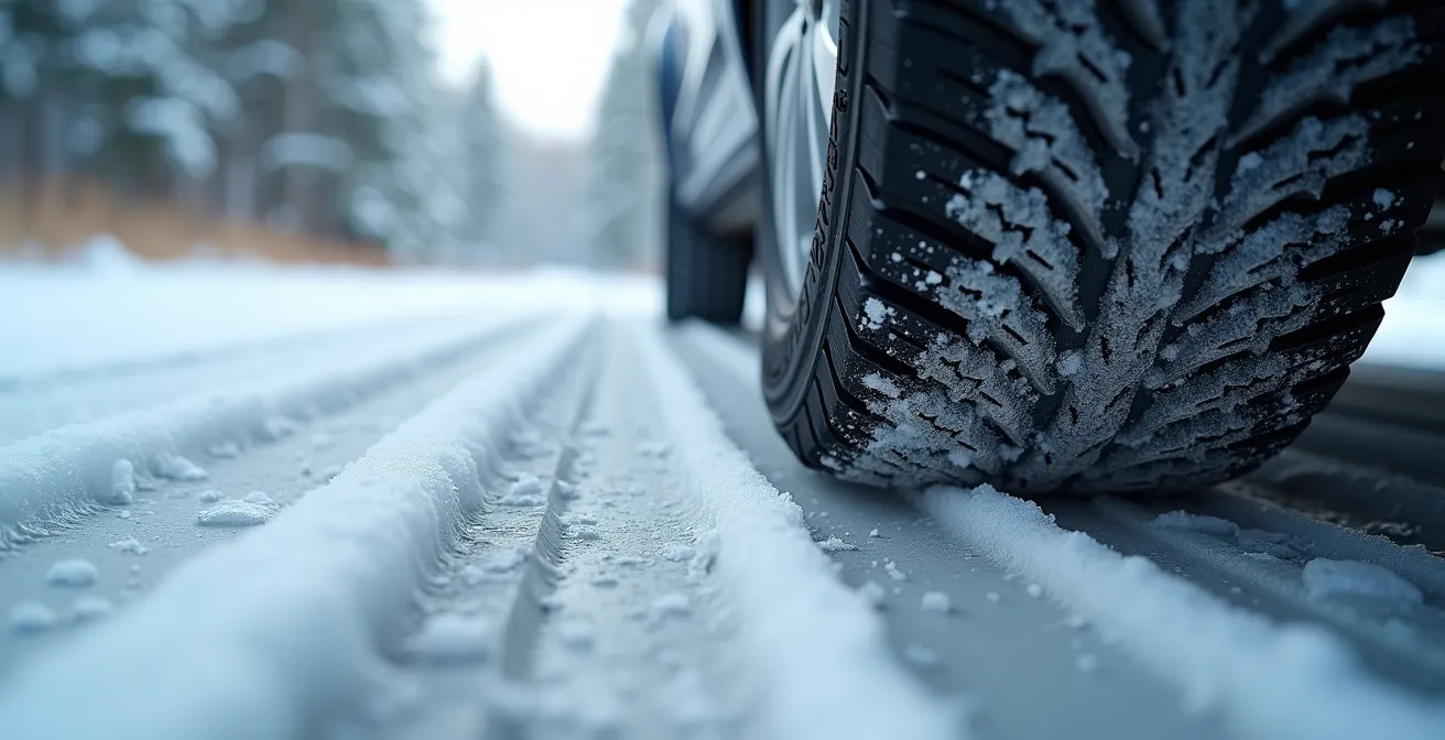 Close-up view of EV tire gripping icy road surface showing traction control system in action