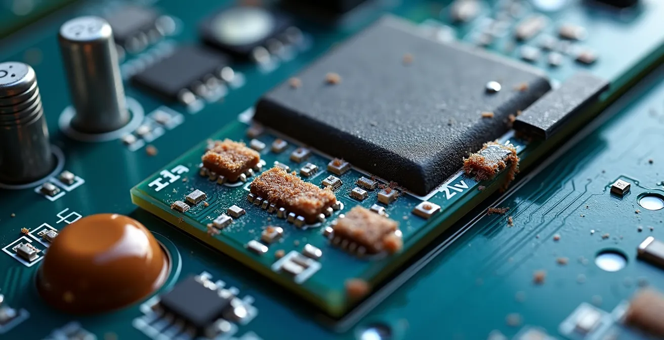 Extreme close-up of corroded sensor internals showing salt damage and moisture intrusion