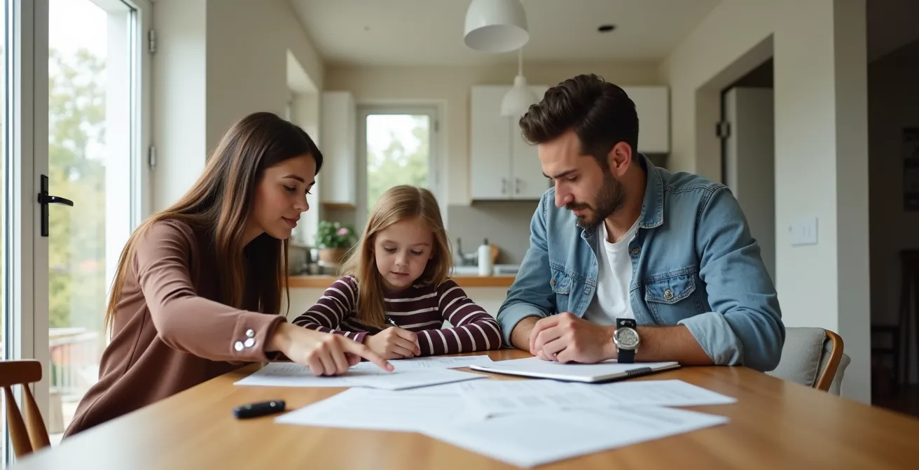 Parents and young adult reviewing insurance paperwork together at home