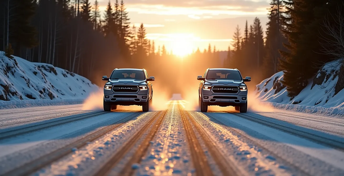 Split-screen comparison of vehicles navigating frost heaves with adaptive and standard suspensions