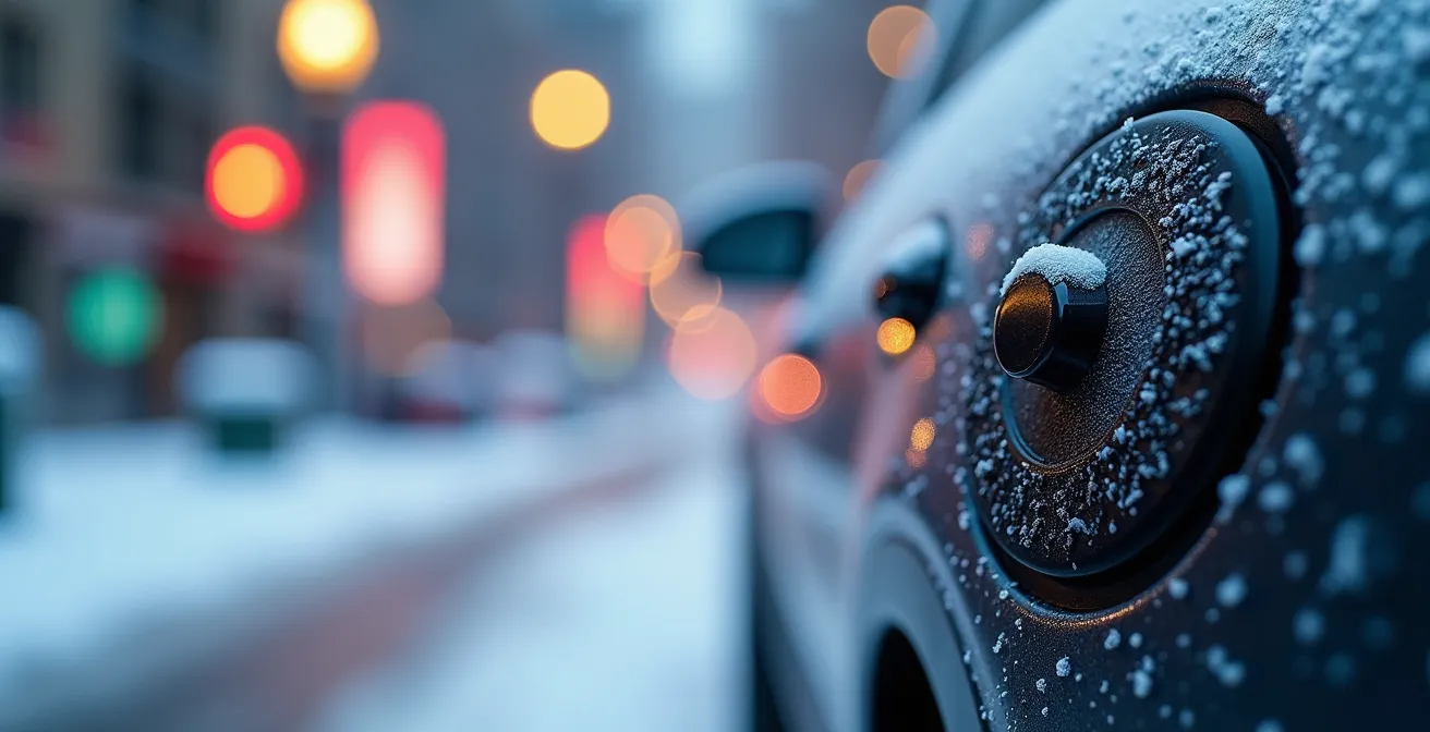 Electric vehicle covered in snow during winter street parking