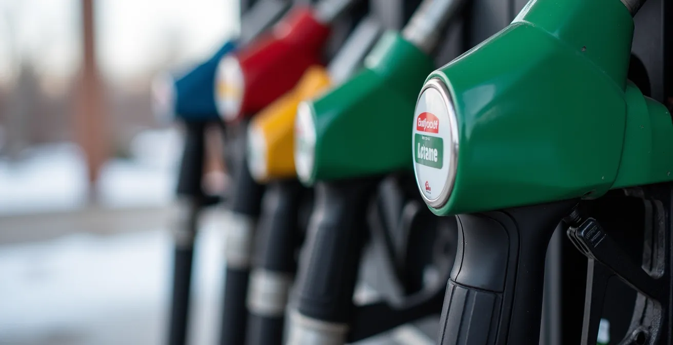 Close-up of fuel pump nozzles at a Canadian gas station