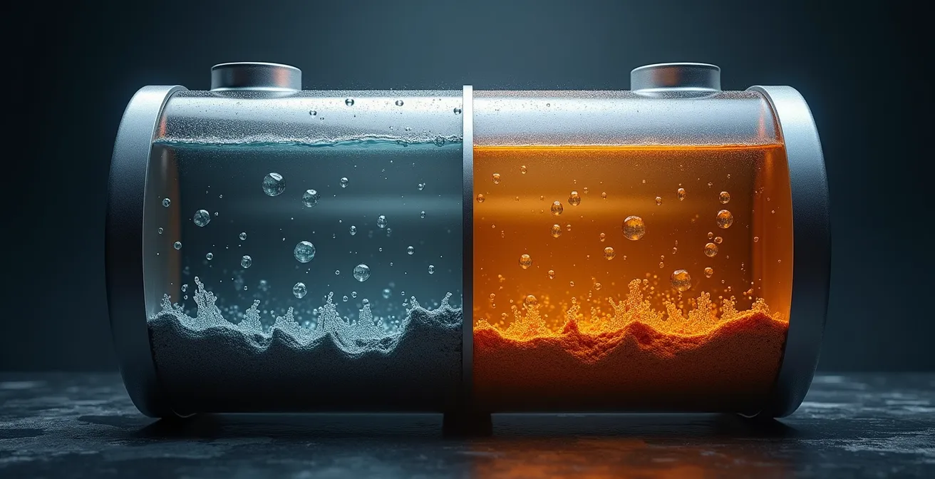Cross-section view of a car's fuel tank showing moisture condensation patterns in extreme cold