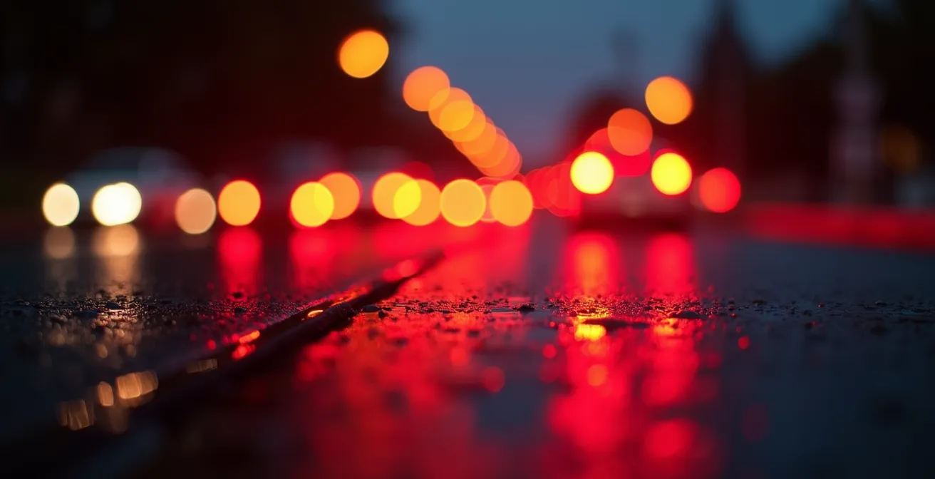 Macro close-up of brake lights in heavy traffic creating abstract red patterns
