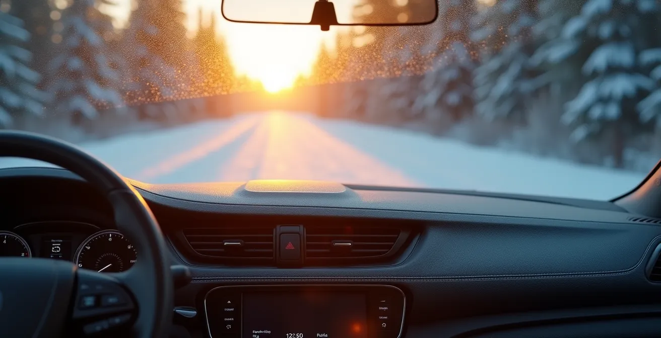 Interior view of a modern car on a winter morning, showing warm air shimmering from the dashboard vents against a frosty windshield.