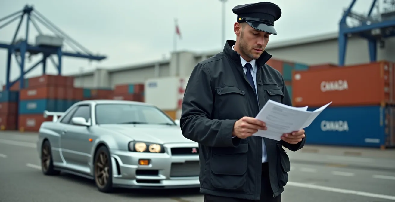 Japanese sports car being unloaded at Vancouver port with customs paperwork visible