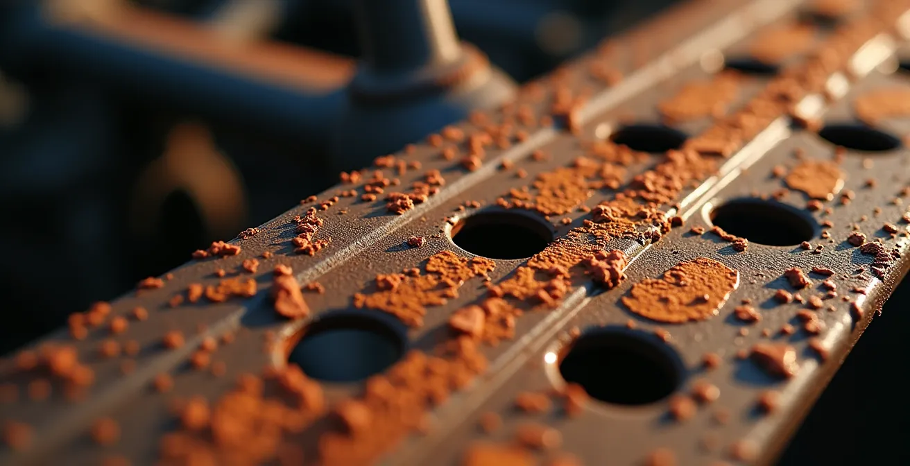Extreme close-up of rust damage on vehicle subframe showing structural compromise