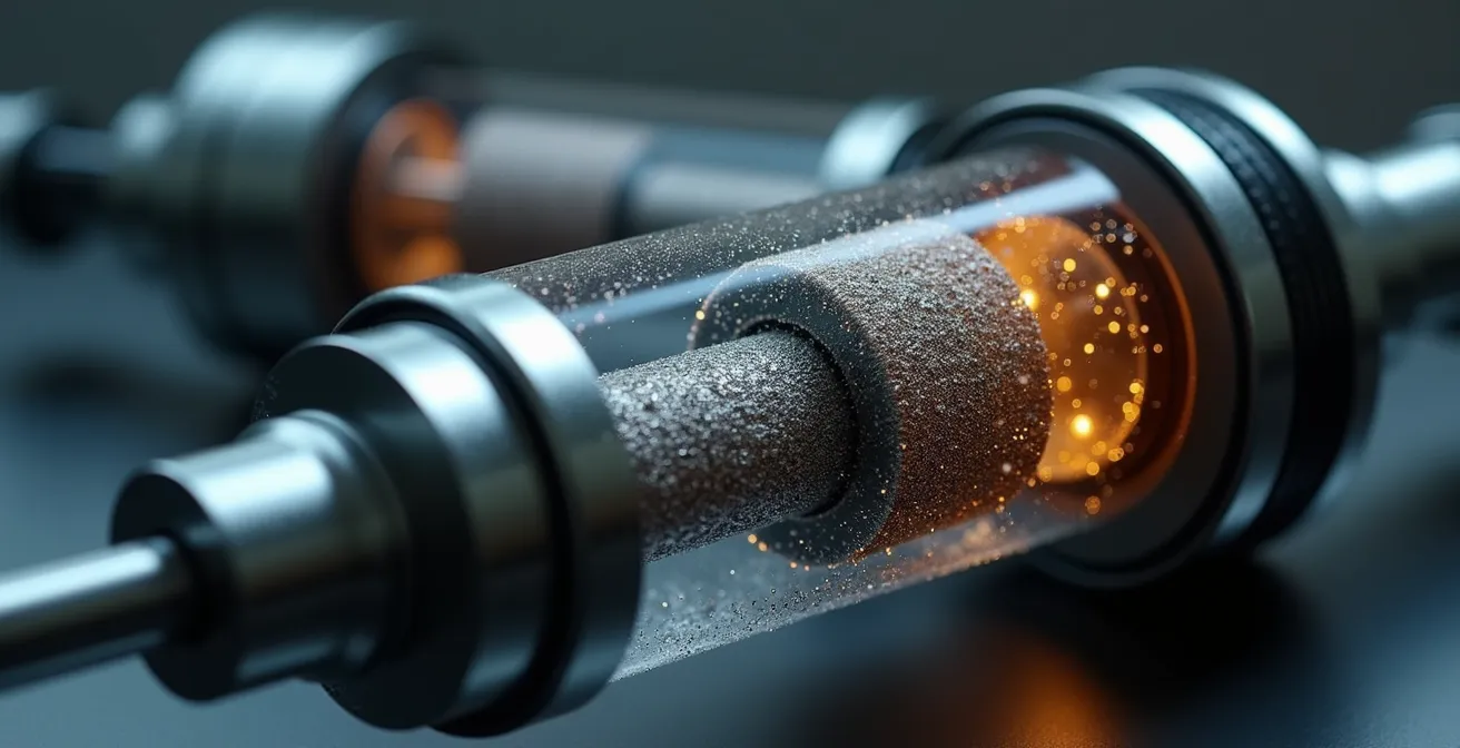 Extreme close-up of magnetorheological fluid particles inside an adaptive shock absorber