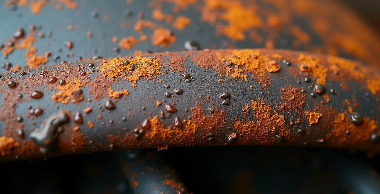 Extreme close-up of rust corrosion on classic car structural component