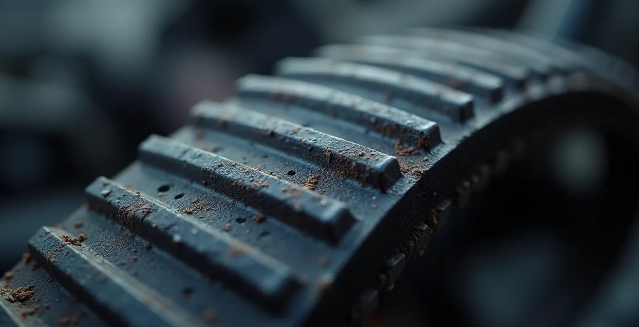 Extreme close-up of a serpentine belt showing tiny micro-cracks in the ribbed texture, indicating wear.