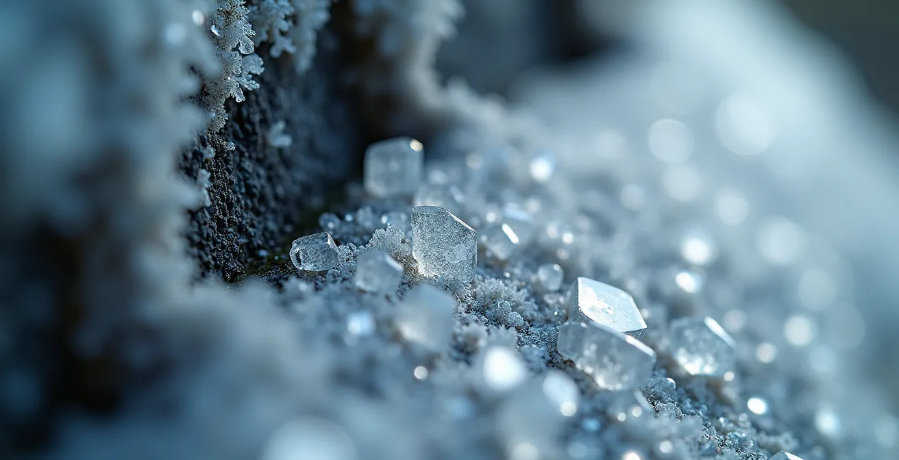 Extreme close-up of crystallized road salt particles on a delicate camera lens coating showing potential scratch damage