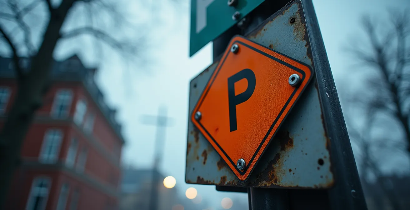 Close-up of multiple overlapping parking restriction signs on a Montreal street pole