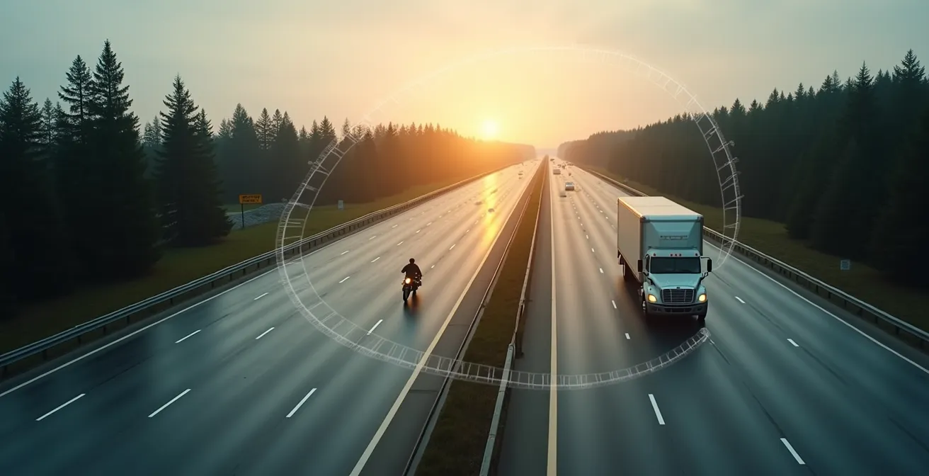 Technical visualization of radar waves detecting a speeding motorcycle