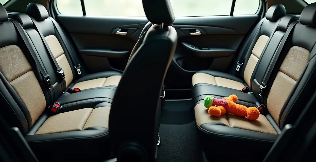 Split-screen comparison showing secured versus unsecured pet in vehicle during collision simulation