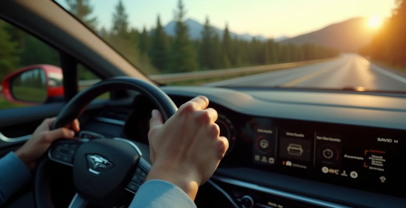 Driver's hand adjusting PHEV drive mode selector on highway