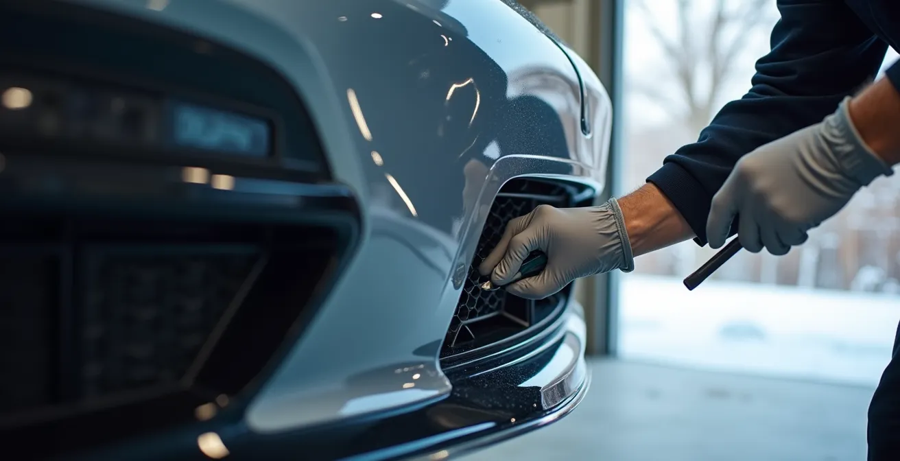 Professional applying paint protection film to vehicle bumper in Canadian winter setting