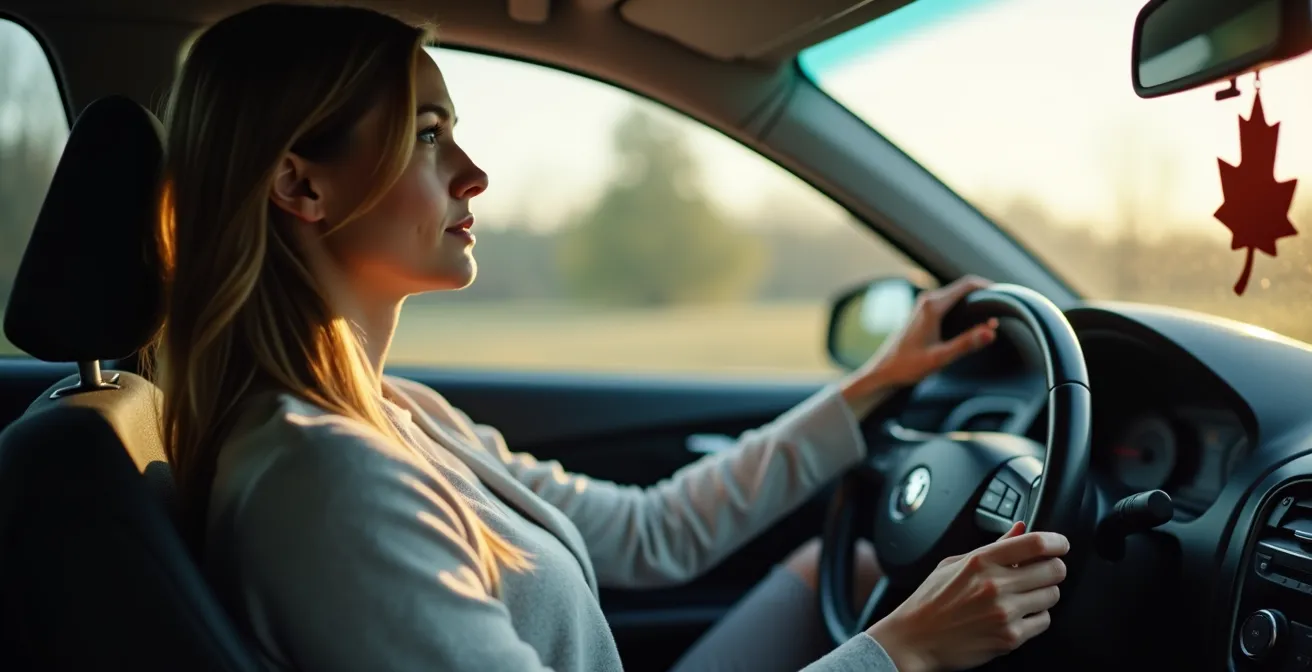 Side view of driver demonstrating correct 25cm distance from steering wheel