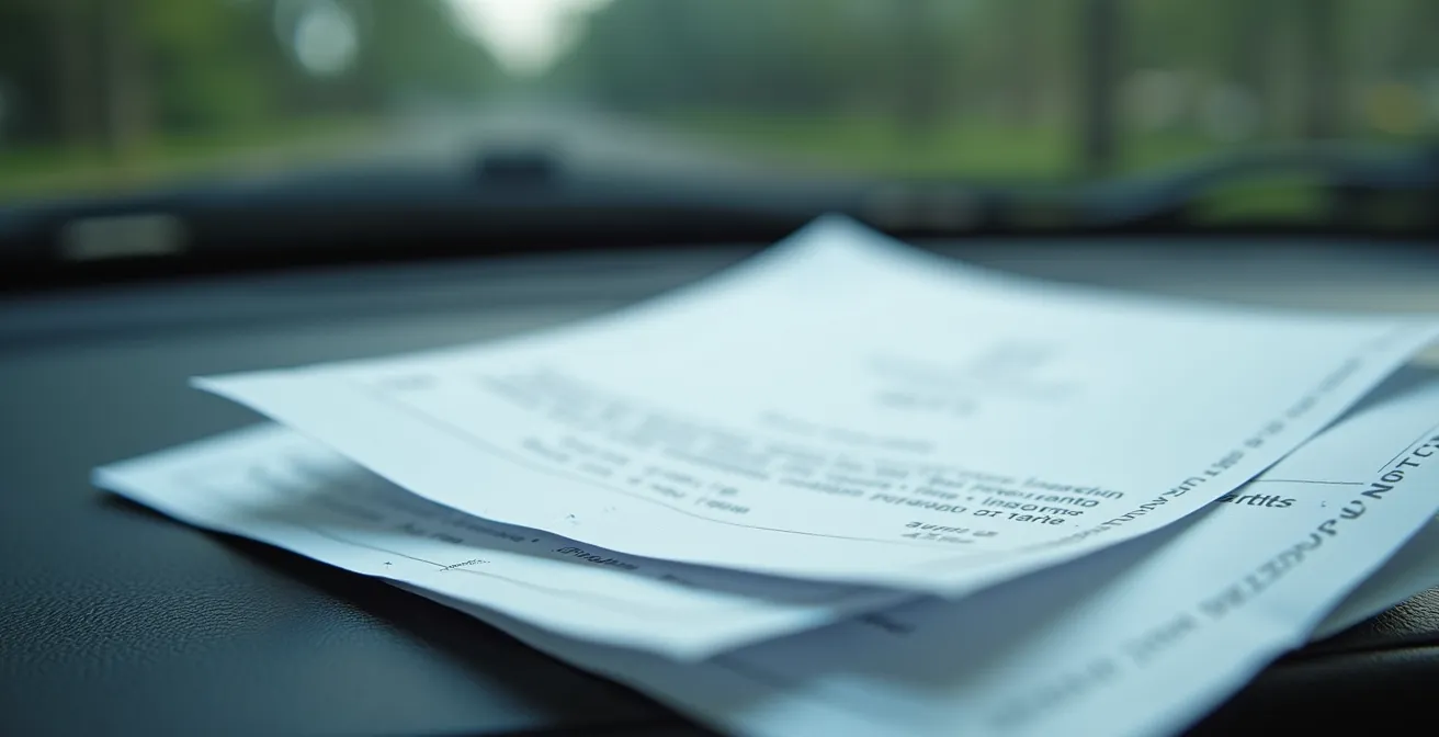 Close-up of official insurance documents on vehicle dashboard