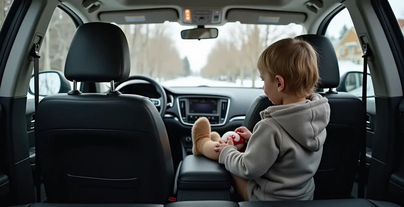 Wide angle view of child comfortably positioned in extended rear-facing car seat in Canadian vehicle