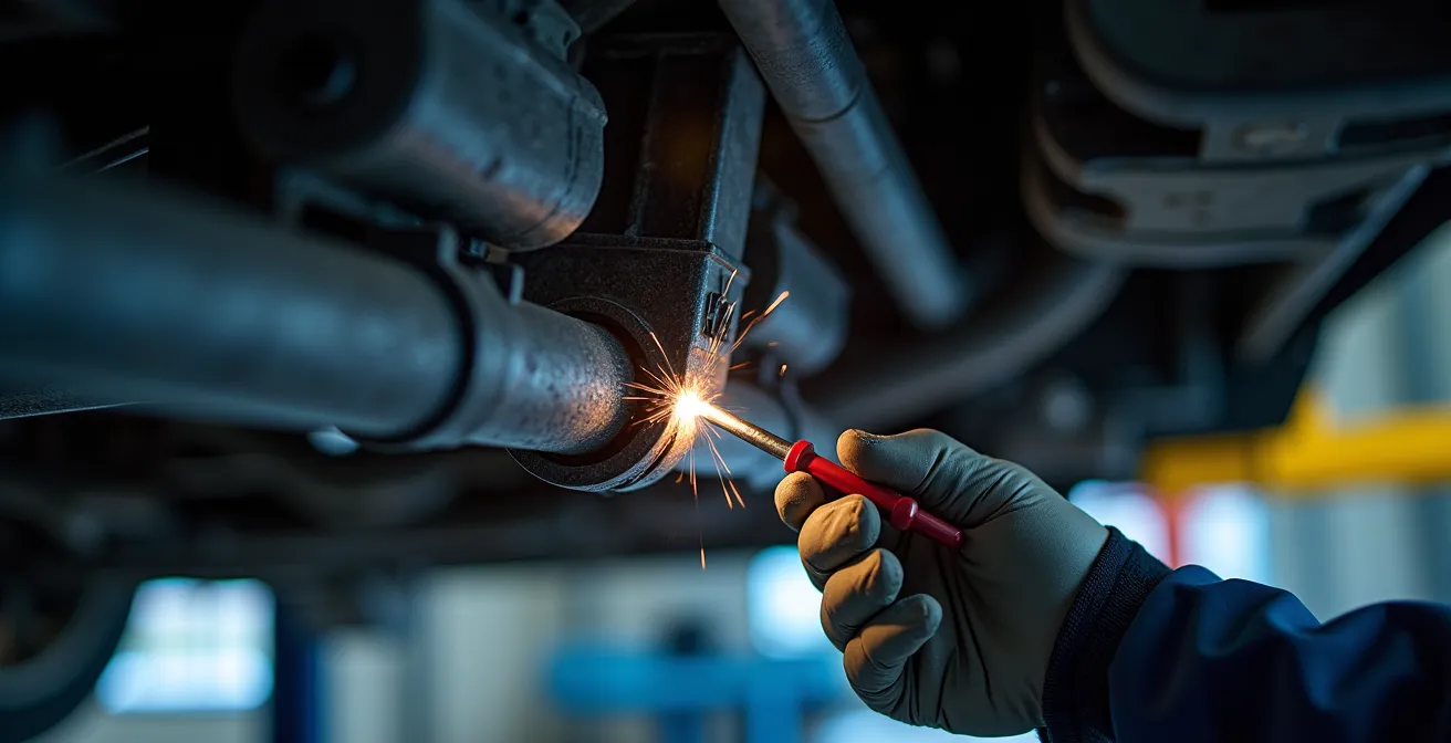 A mechanic in a professional garage meticulously inspecting the undercarriage of a vehicle on a lift, focusing on the structural welds and frame components for certification.