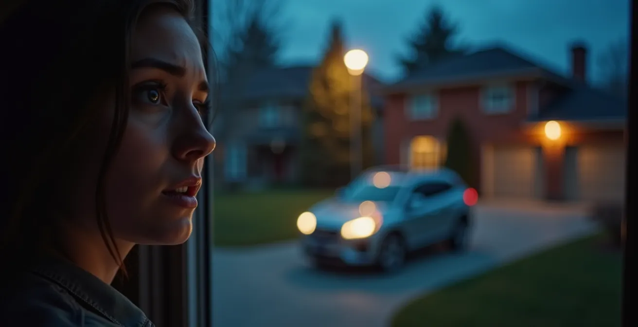 Nighttime suburban driveway scene showing vehicle security measures
